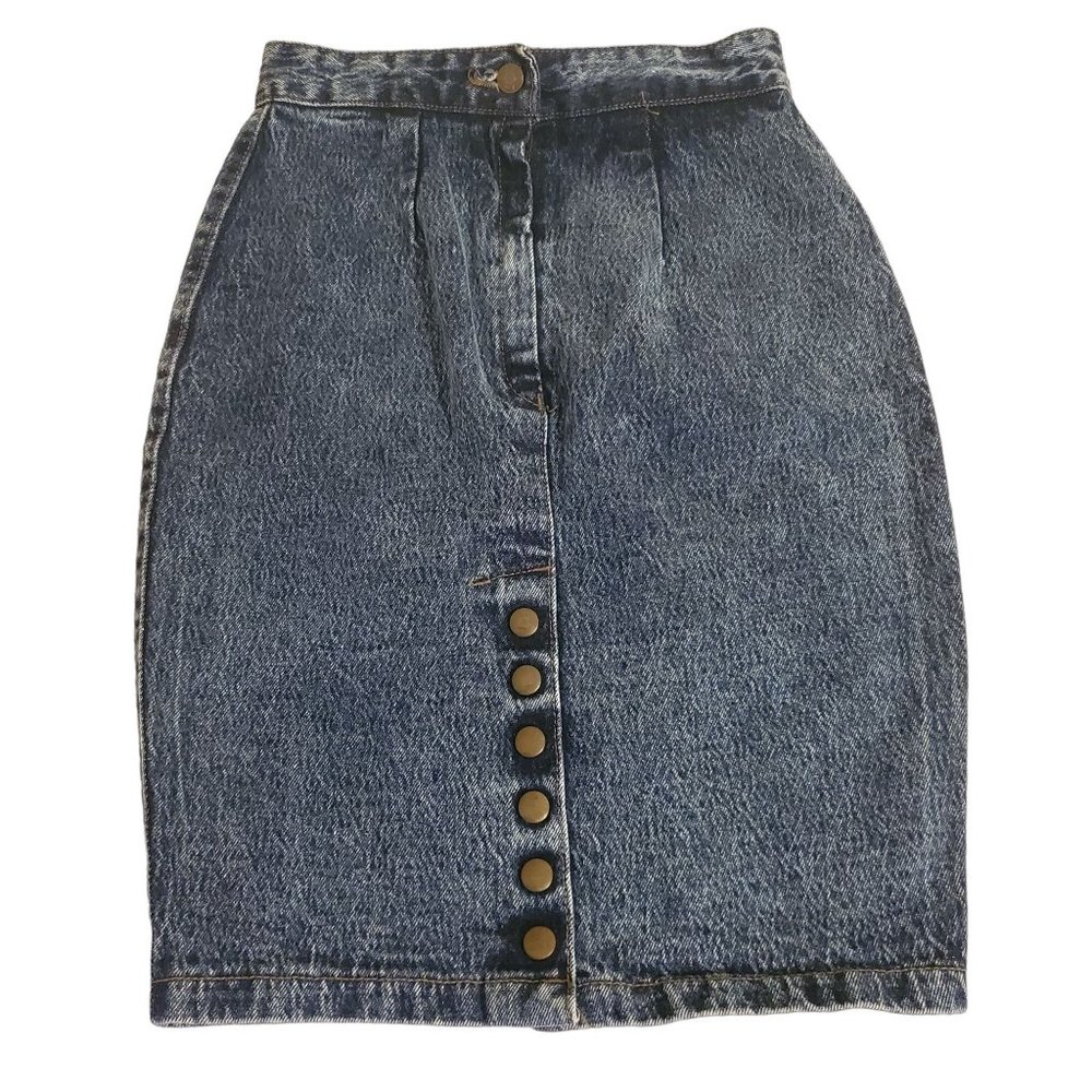 Vintage Zena 5 Blue Fitted Pencil Jean Denim Skirt Back Slit High Waisted Grunge